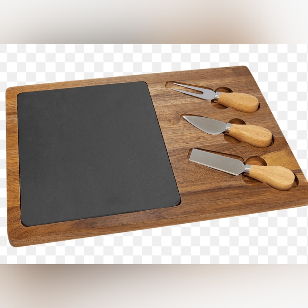 WoodSlate Rectangle Acacia  Cheese Set Good Condition Easy Clean 3 Tools